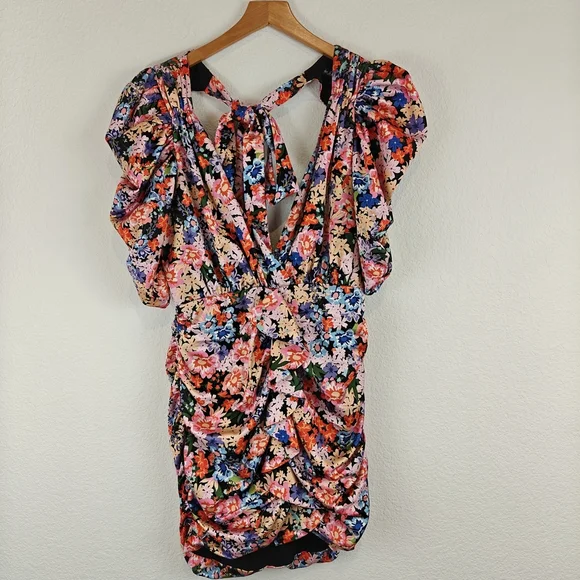 for Love & Lemons Bouquet Floral Deep V-neck Ruffle Puff Sleeve Mini Dress Sz M - Picture 6 of 16